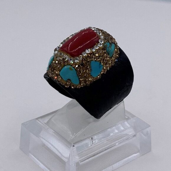 Ring, turquoise, coral, crystals, snake skin, big bold look NWOT adjustable size - Picture 4 of 14